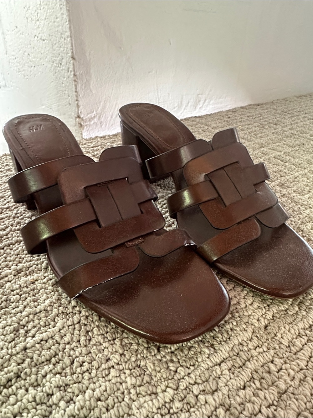 H&M Dark Brown Woven Leather Slide Mules